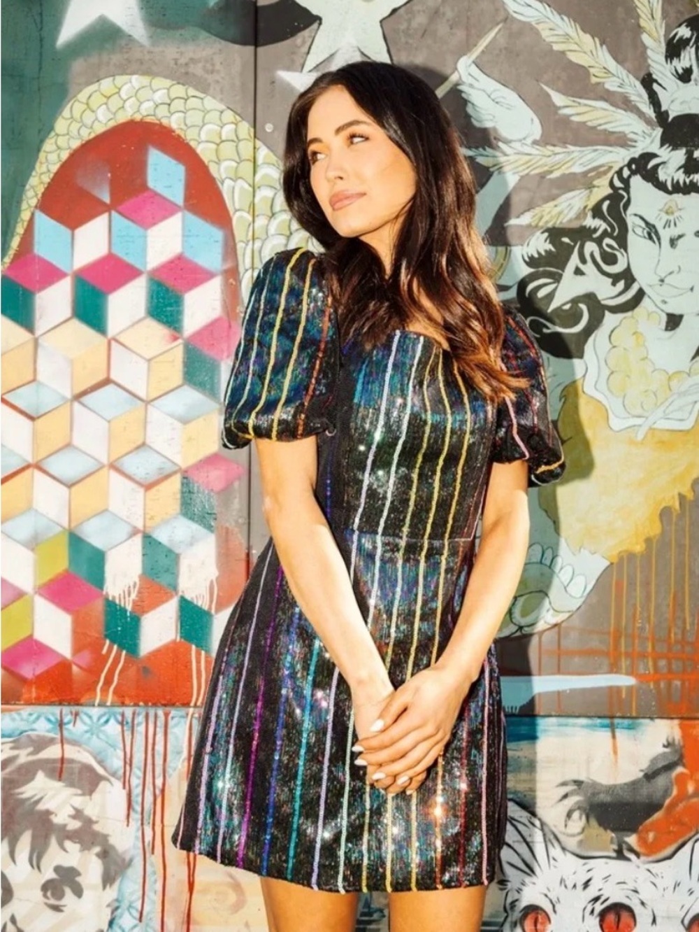 QUEEN OF SPARKLES Rainbow Sequin Stripe Mini Dress